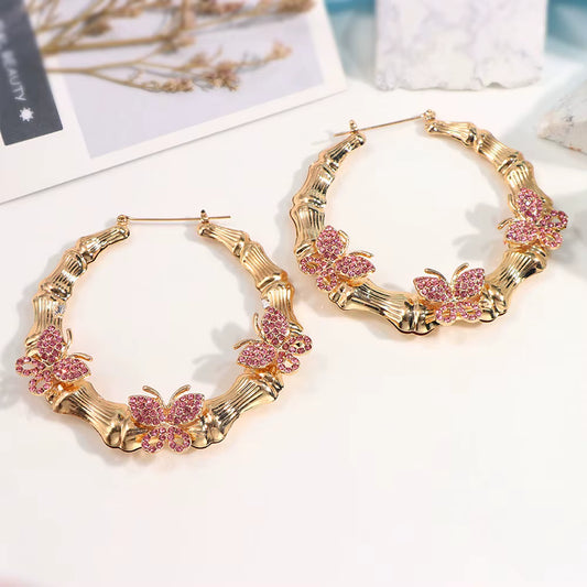 Gold Pink Butterfly Bamboo Hoops