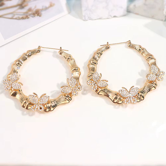 Gold Diamond Butterfly Bamboo Hoops