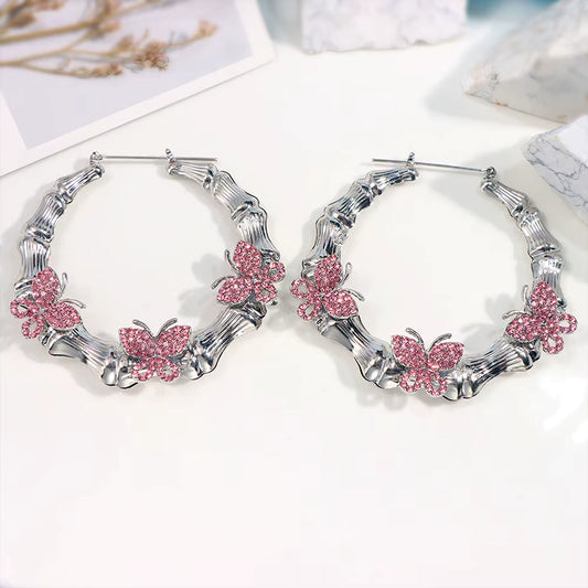 Silver Pink Butterfly Bamboo Hoops